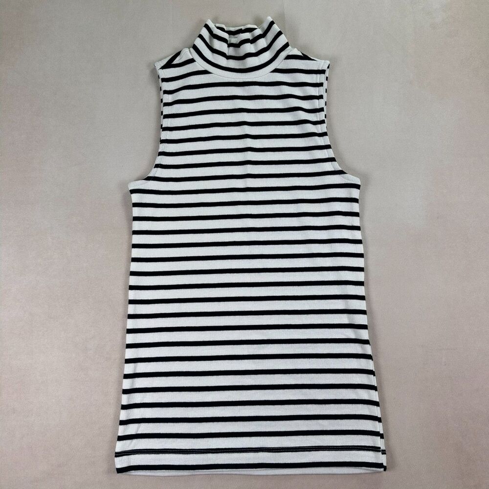 LOFT Womens XS Black White Striped Sleeveless Mock Neck Ribbed Stretch Top